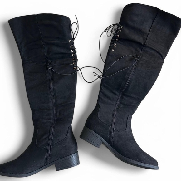 Top Moda Black Over-the-Knee Boots - Size 8, Suede-Like, Lace-Up Detail, New - Picture 4 of 8